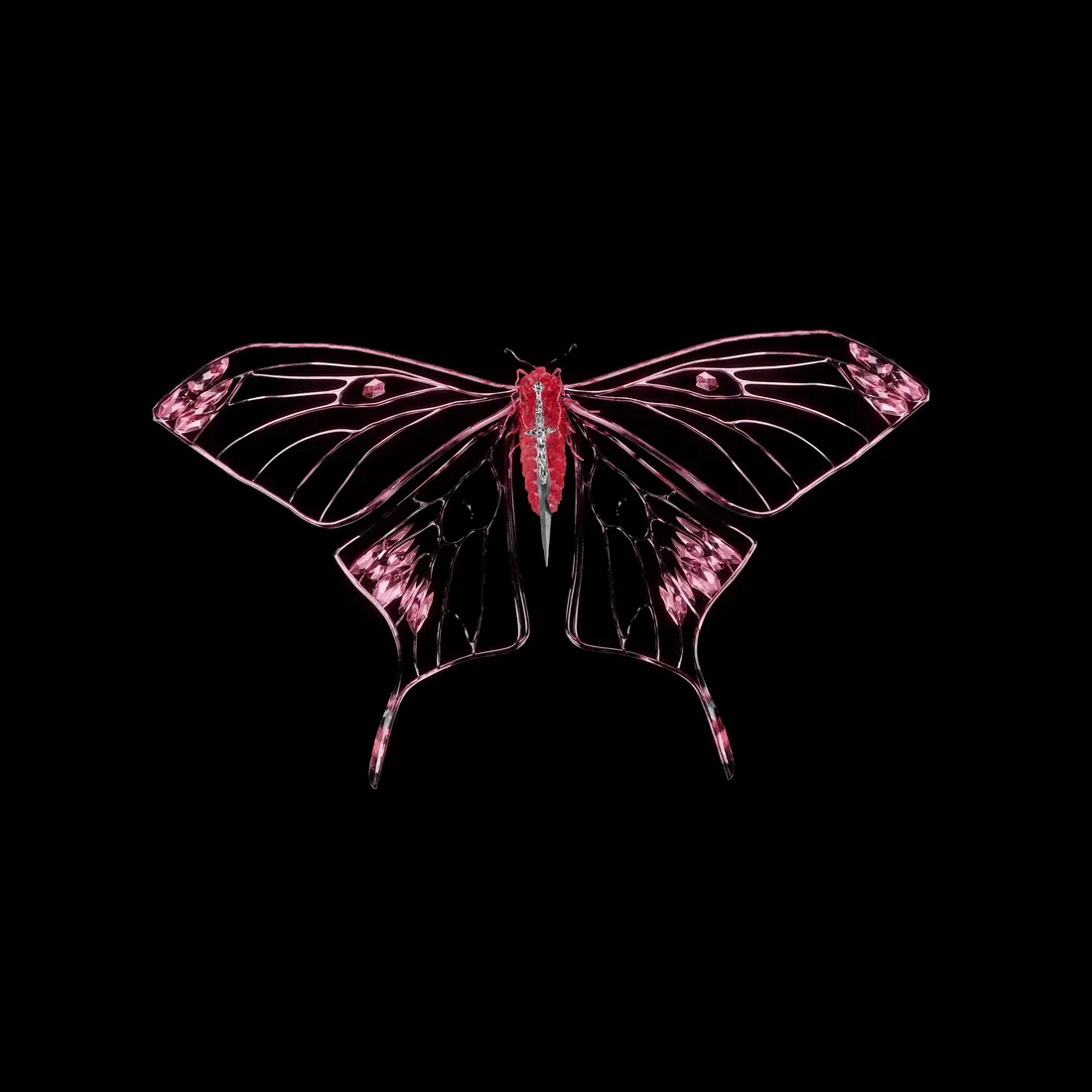 The tattoosbysydney dagger moth emblem as a black and pink sculpture